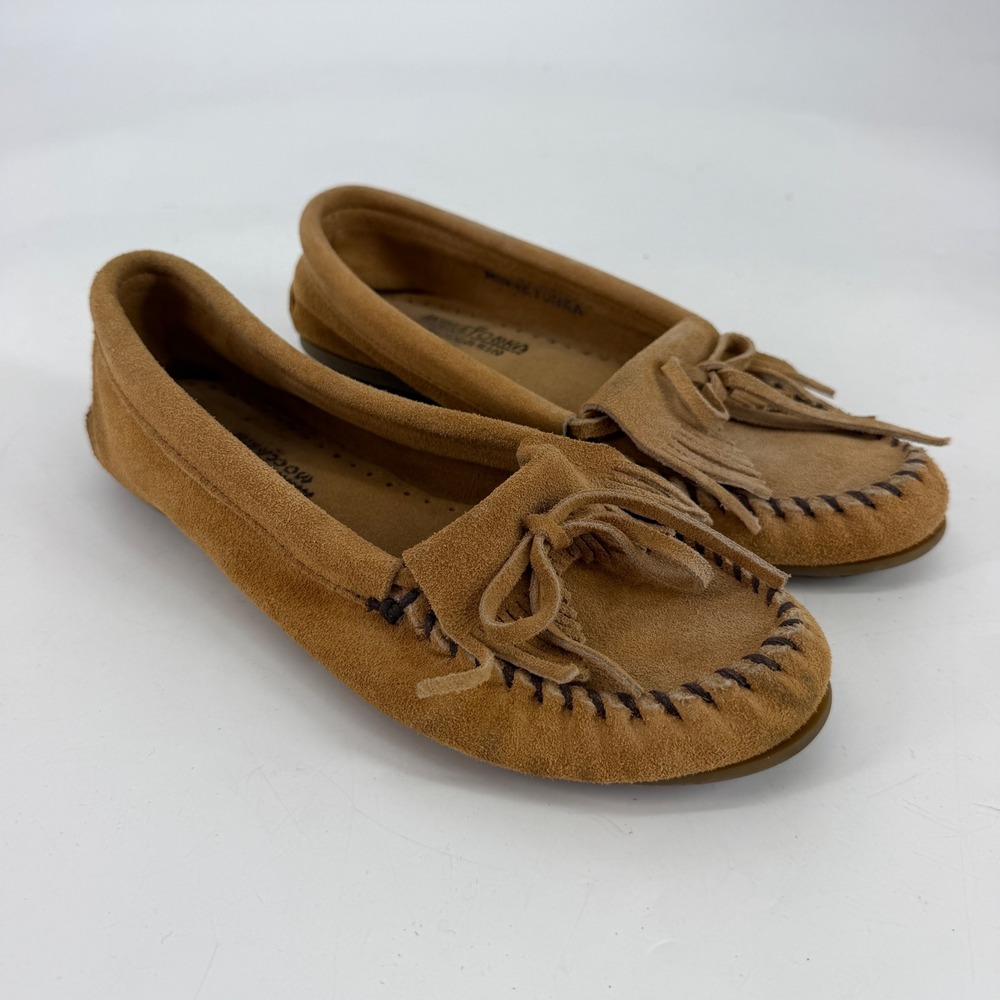Minnetonka Kilty Suede Moccasin Fringed Loafers Tan Brown 407 Womens 9.5